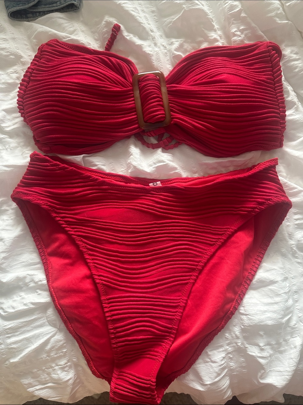 Red Textured Bandeau Bikini Set - Women Swim